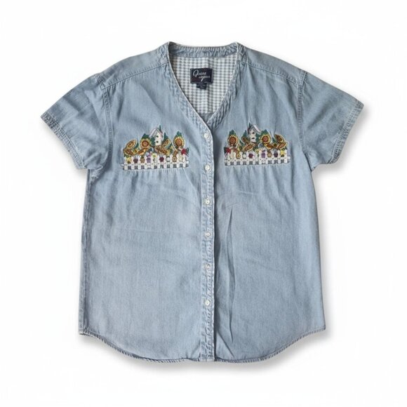 Vintage Quizz Again New York Embroidered Denim Shirt Women’s Size M Sunflower - Picture 1 of 7